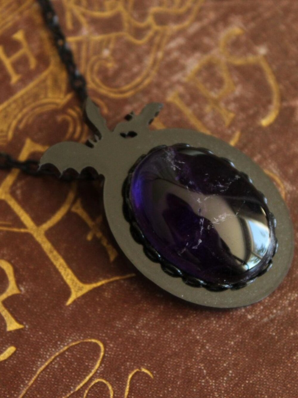 Gothic Bat Cameo Necklace with Purple Amethyst Cabochon on Black Chain - Picture 12 of 12